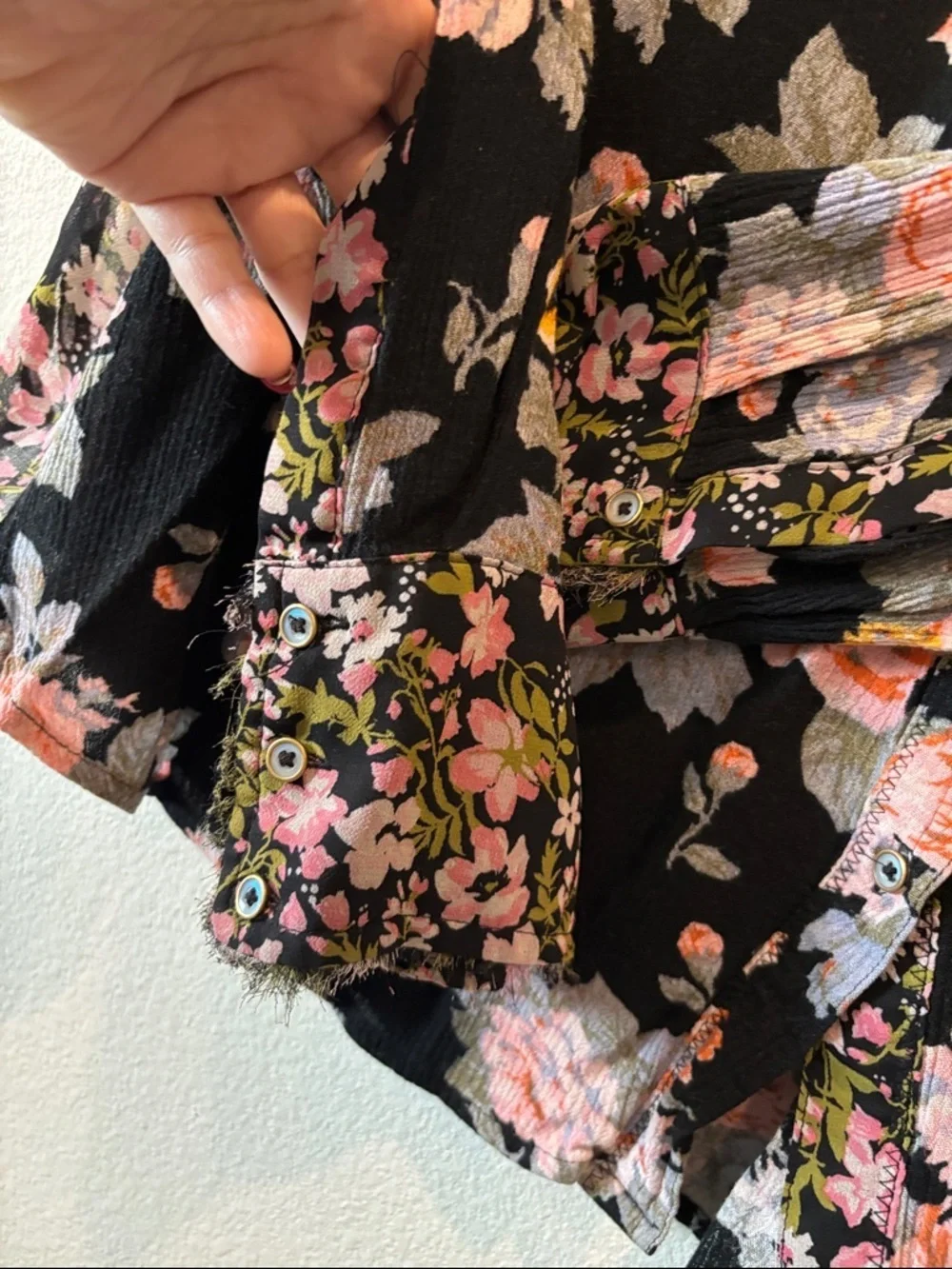 Free People Floral Button-Front Women's Blouse Black Pink & Yellow Flowers Small